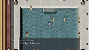 A skinny teen with slight boobs flashes several men who do not care in a steampunk environment. This is the third part of the hentai animated game in a detective theme