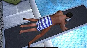 Cartoon adult movie of a woman diving into a public swimming pool