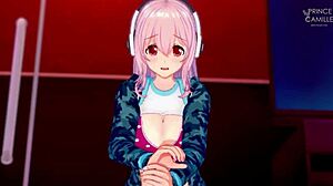 Super Sonico gets horny while modeling for you in anime