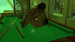 playing on the pool table with excitement