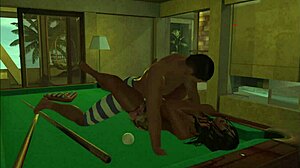 playing on the pool table with excitement