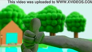 Claymation character masturbates with handjob