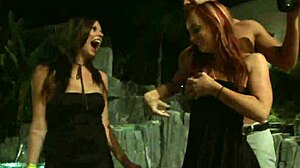 beautiful redhead woman raises her ass cheek letting him see his cock enter her shaved pussy