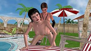 3D animated lesbian scene with doggy style action