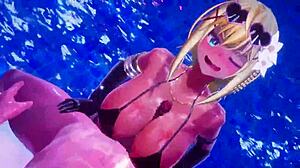 Konosuba in 3D adult animation with bronze-haired beauty in bikini