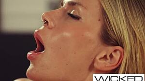 Beautiful blonde gets a sensual massage with oil and hard sex in an unusual position