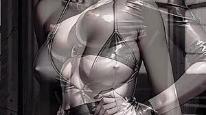 Beautiful woman in film noir style generated by AI, with large chest and cartoon-like appearance