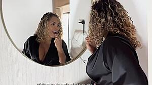 Curvy hot ebony milf Carla Morelli plants for date and fucks chef’s big cock for comfort