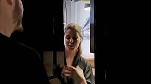 Beautiful woman of the house welcomes a man into her home and gives him deep blow job