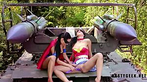A beautiful brunette gets a rough ride from a strap-on wearing sexual genius outdoors
