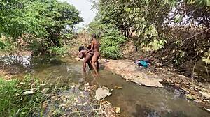 Curvy ebony babe exposed at the stream