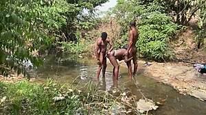 Curvy ebony babe exposed at the stream