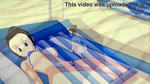 Beautiful woman with big melons wears a bikini in a Dragon Ball Z style cartoon