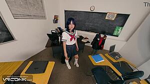 Ryuko's skirt pierced by monster cock