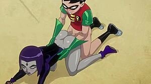 robin sneaks behind starfire’s back with raven in titans