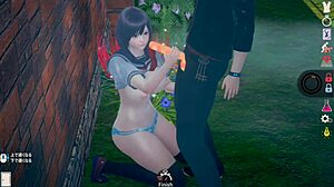 AI girl in 3D CG game shows off huge tits during blowjob.