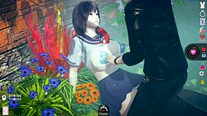 AI girl in 3D CG game shows off huge tits during blowjob.