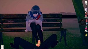 AI girl in 3D CG game shows off huge tits during blowjob.