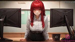 beautiful coworker with huge tits aims to make you cum. she's at your desk in ai porn.