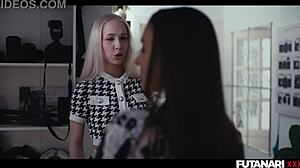 Trans brunette with massive futa cock crushes cute blonde