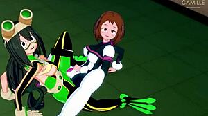 ochako and tsuyu, cute lesbian teens scissoring in hero academia