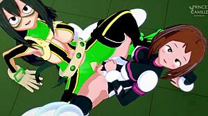 ochako and tsuyu, cute lesbian teens scissoring in hero academia