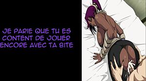 Yoruichi’s got me hooked with her anal play and jerk off instructions in this Bleach hentai scene.