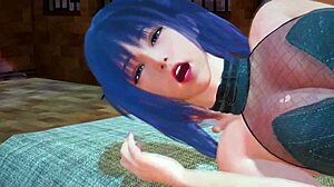 blue haired hentai girl starts with blowjob then adds footjob before taking cock deep in her tight ass for intense anal action.