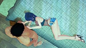 blue haired hentai girl starts with blowjob then adds footjob before taking cock deep in her tight ass for intense anal action.