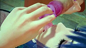 blue haired hentai girl starts with blowjob then adds footjob before taking cock deep in her tight ass for intense anal action.