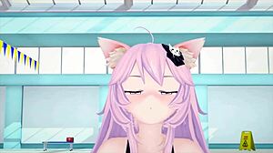 Petite pink-haired anime cat girl gets creampied and facialed in hentai part 2.