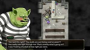 Karryn's Prison Hentai Game Ep 8 features huge tits warden seducing a monster orc in latex miniskirt