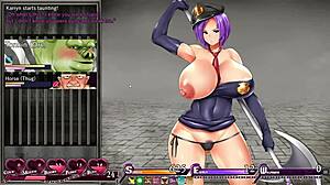 Karryn's Prison Hentai Game Ep 8 features huge tits warden seducing a monster orc in latex miniskirt