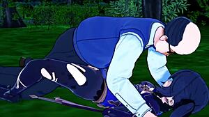 Mona from Genshin Impact loses her virginity to slime creatures in the wild sex park hentai anime scene.