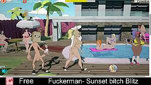 Fuckerman Sunset Bitch Blitz delivers raw futanari action in wild animated game scenes
