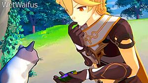 Ayaka and Aether in steamy private encounter