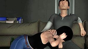 curvy milf in outfit gives blowjob with huge oppai in anime hentai gameplay.