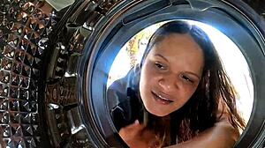 Stuck in washing machine, I asked for help but got fucked hard!