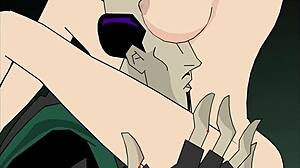 Redhead and blonde share blowjob in threesome animation