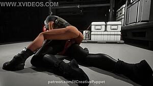 the redhead in latex leather military outfit rides big dick cowgirl style with her beautiful big ass and natural tits bouncing