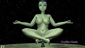 Raven from teen titans meditates while shoving dildo deep in her shaved pussy for intense maledom session