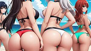 hundreds of anime girls gather on paradise island with detailed sexy outfits and playful interactions in groups