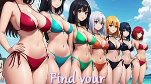 hundreds of anime girls gather on paradise island with detailed sexy outfits and playful interactions in groups