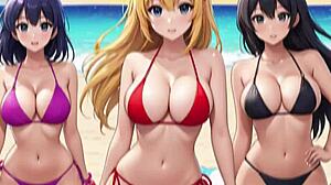 hundreds of anime girls gather on paradise island with detailed sexy outfits and playful interactions in groups