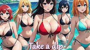 hundreds of anime girls gather on paradise island with detailed sexy outfits and playful interactions in groups