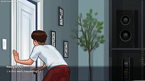 Mature stepmom feels embarrassed yet aroused when caught masturbating by the horny pervert in Summertime Saga.