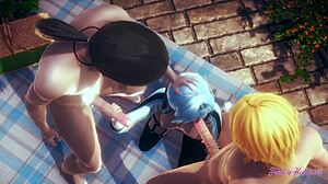 原神インパクトヘンタイ：エウラがスリーサムブロージョブで大胸と口に射精