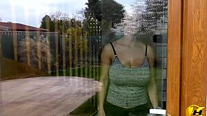 i wash windows without bra, pushing huge tits and ass to window