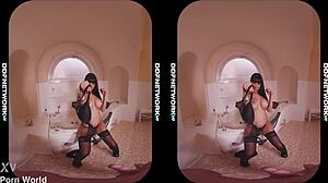 bathtime blowjob with brunette in lingerie and stockings