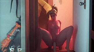 Mercy from Overwatch indulges in solo masturbation in this anime scene, her fingers exploring her body intensely.